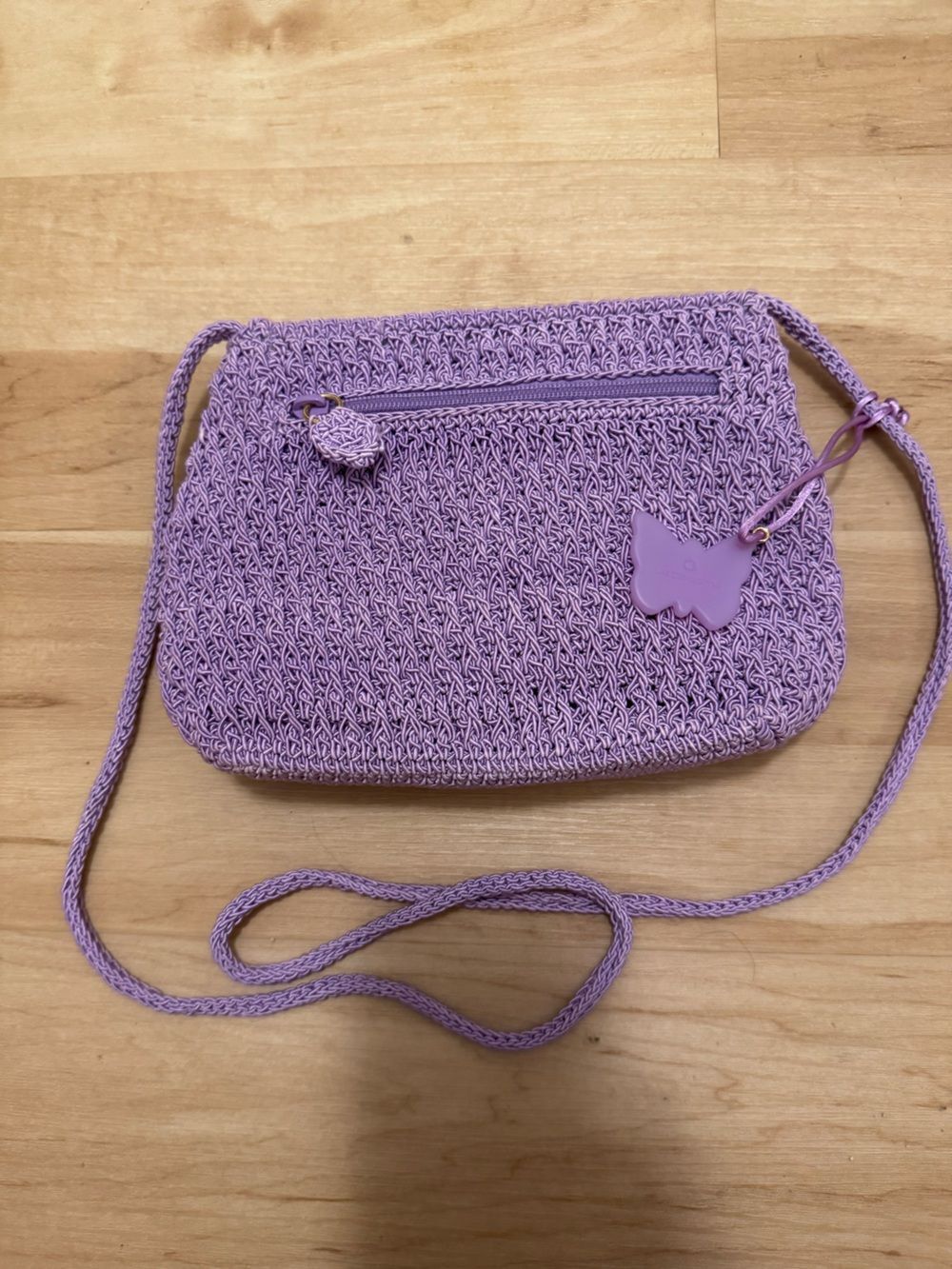 Y2K Crochet Macrame Purple Pastel Small Purse Crossbody with Butterfly Bag Charm - Picture 2 of 6